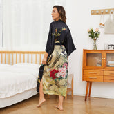 Floral Print Silk Kimono Robes Peony Blossoms Silk Bathrobe